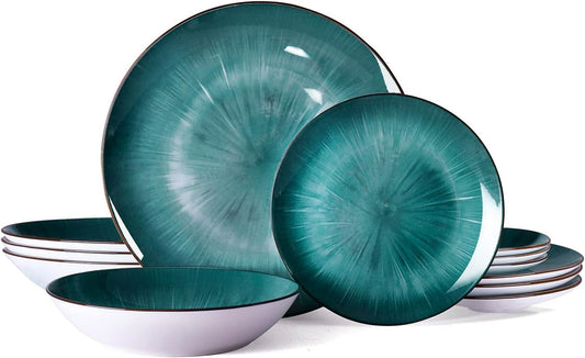 12 Piece round Kitchen Dinnerware Set,Plates and Bowls Sets,Dishes, Plates, Bowls, Dish Set，Plates and Bowls,Service for 4, Chip Resistant Porcelain，Starburst Turquoise Green