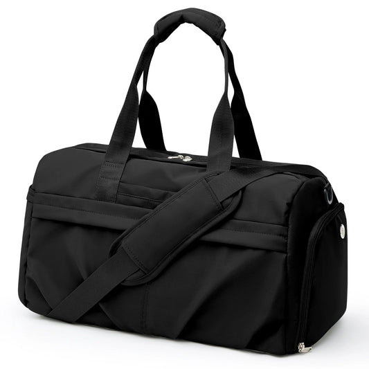 Professional Title: 
"Black Sport Duffel Bag with Shoes Compartment and Wet Pocket for Men and Women - Ideal for Gym, Swimming, Yoga, Weekend Travel"