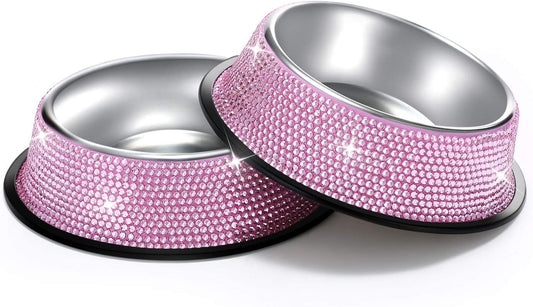 SAVORI Bling Dog Bowls Pink, 640ML Handmade Bling Rhinestones Stainless Steel Pet Bowls Double Food Water Feeder for Puppy Cats Dogs - Set of 2